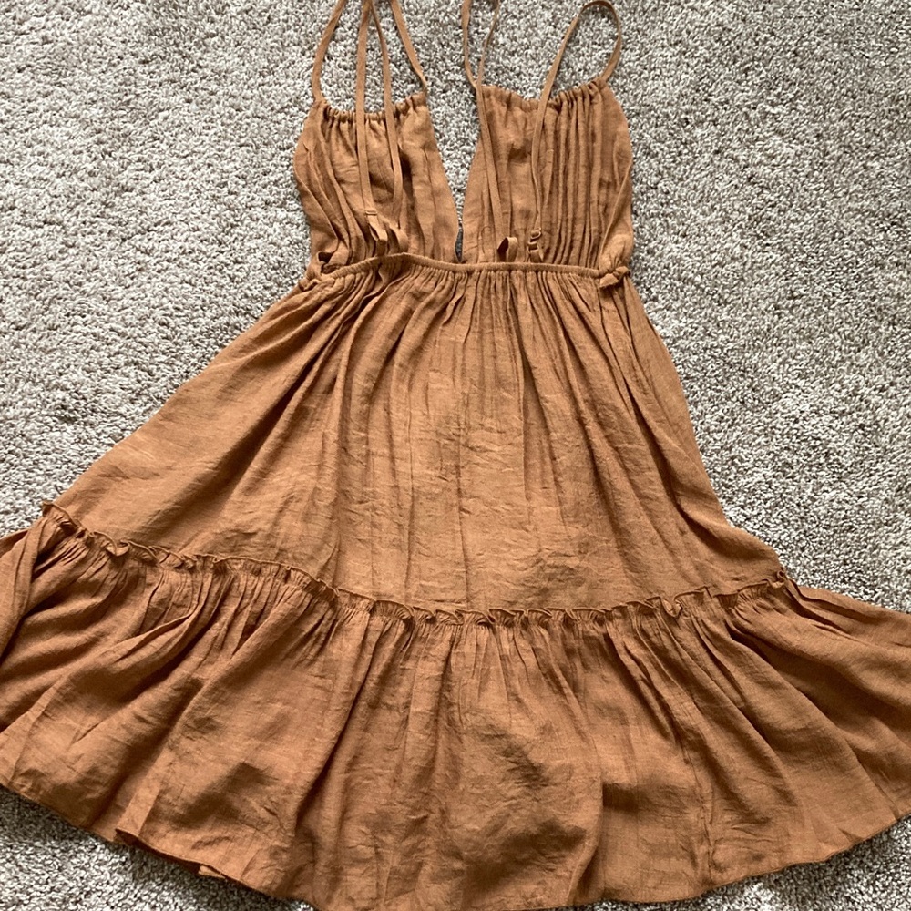 Copper Brown Open Back Strappy Boho Babydoll Tiered Ruffle Hem Boho dress sz S - Picture 5 of 10